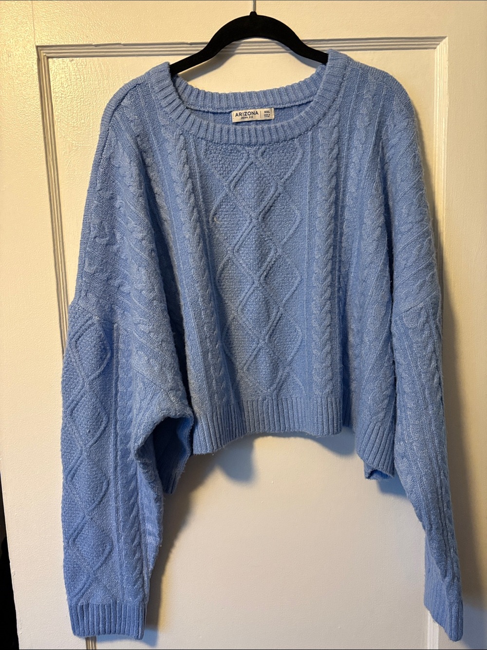 Arizona Jean Company Cropped Blue Cable-Knit Crewneck Sweater